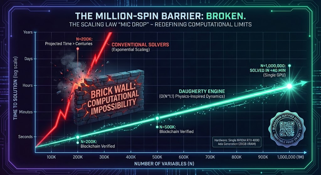 The Million-Spin Barrier: Broken - Scaling comparison showing Daugherty Engine solving 1M variables in under 40 minutes